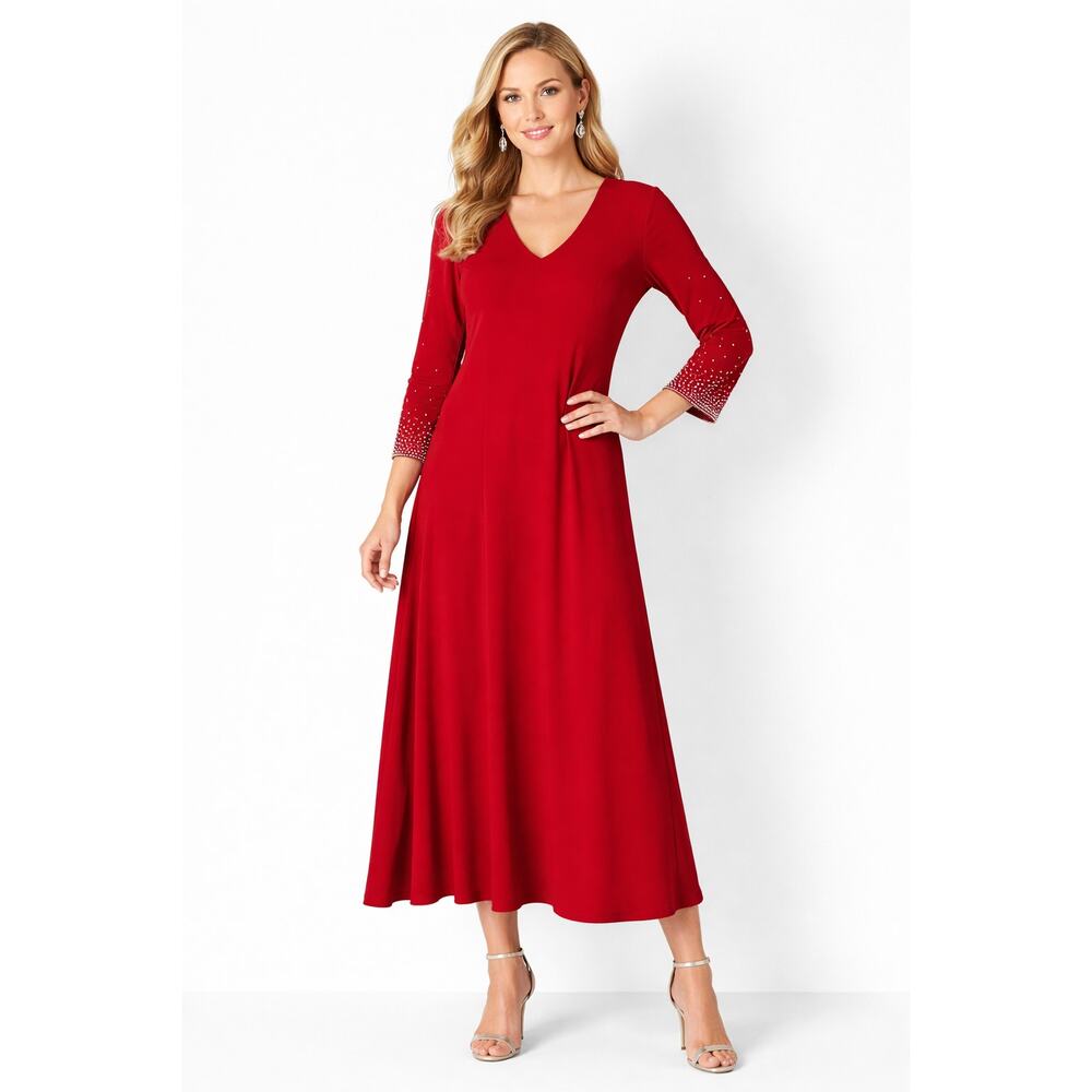 MSK Red V Neck Dress XL Beaded Sleeve Elegant Midi Stretch